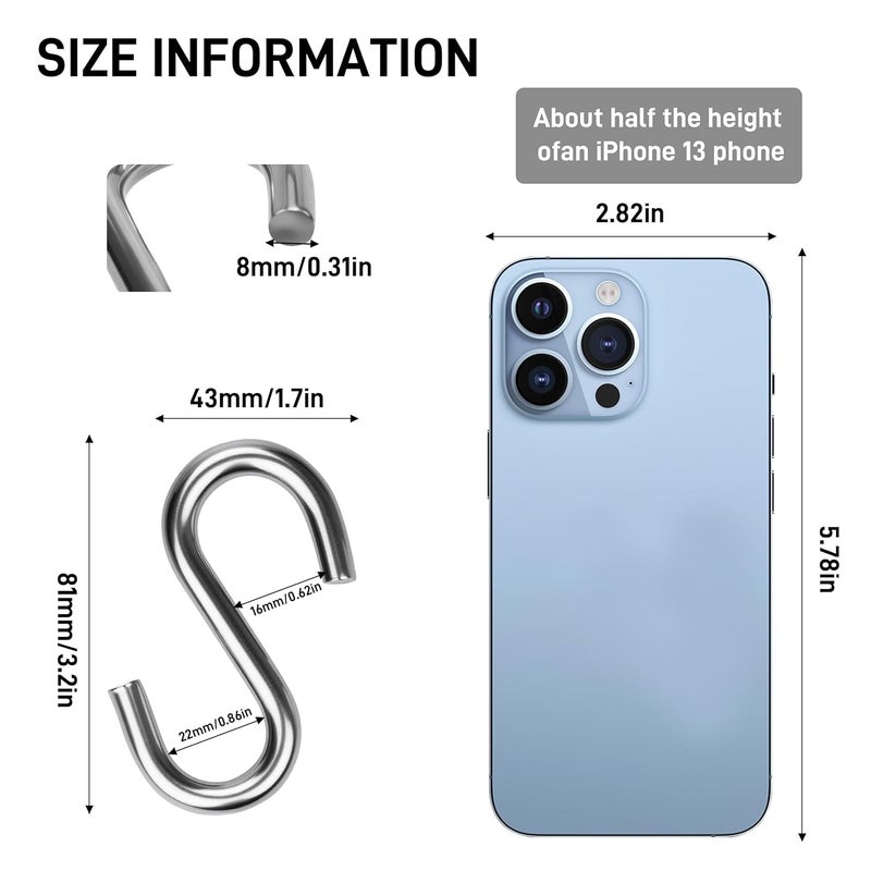 Tingheng 3.2 Inch Heavy Duty S Hooks (2-Pack), 550LB Capacity 304 Stainless Steel Hanging Hooks, Utility S-Hook for Hammock, Swing, Garage Storage, Outdoor Use - Image 3